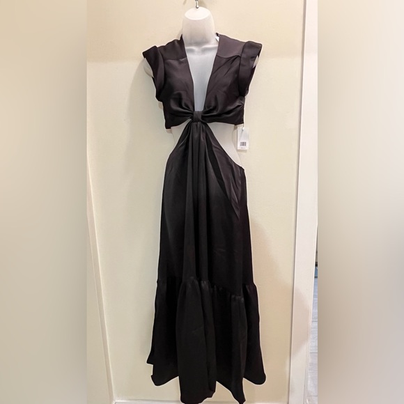 Jason Wu Waist Cutout Cuffed Cap Sleeve V-Neck Satin Dress Black, Size S, $400 - Picture 6 of 11